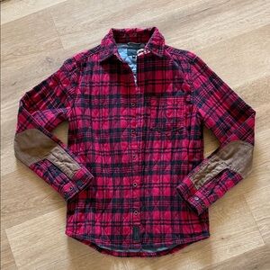 Manmade Red Plaid Flannel with Brown Elbow Accents lumber jack